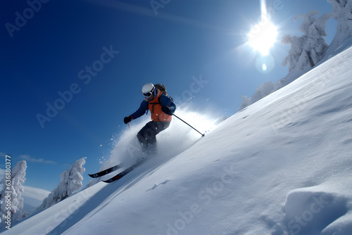 male skier in a ski suit descends the snowy slope of a ski resort