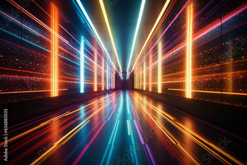 A dim, modern hallway stretches far ahead, beautifully lit by colorful lights forming a mesmerizing kaleidoscopic pattern. Generative AI