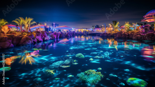 A nighttime shot of sea world illuminated by colorful lights. AI Generative. © Miry Haval