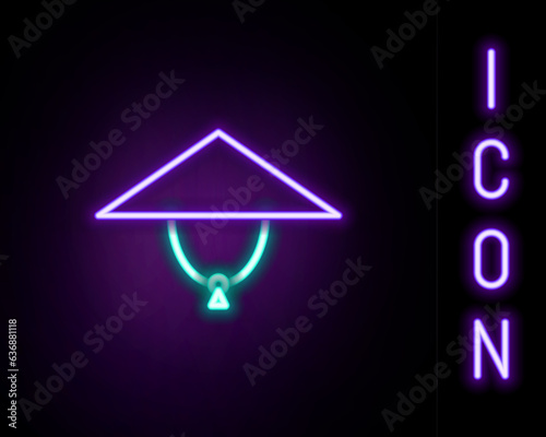 Glowing neon line Asian conical hat icon isolated on black background. Chinese conical straw hat. Colorful outline concept. Vector