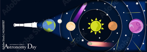 International Astronomy Day Paper cutout Origami Horizontal Banner poster. The universe as seen through a telescope concept. Vector Illustration.