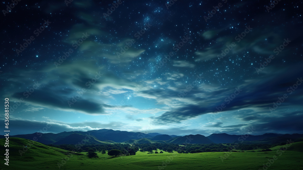 Green field under cloudy blue sky.Generative Ai Green field under cloudy blue sky.Generative Ai