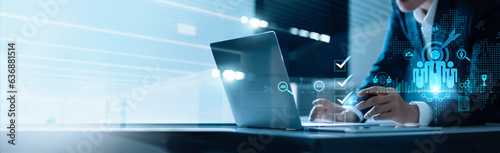 Human resources management, HR, Recruitment, Employment, Teamwork, Leadership and teambuilding. Businessman select of checkbox and Fill out an online employee assessment form on network.