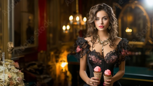 Woman eating an ice cream cone, the girl wears an elegant black lace dress