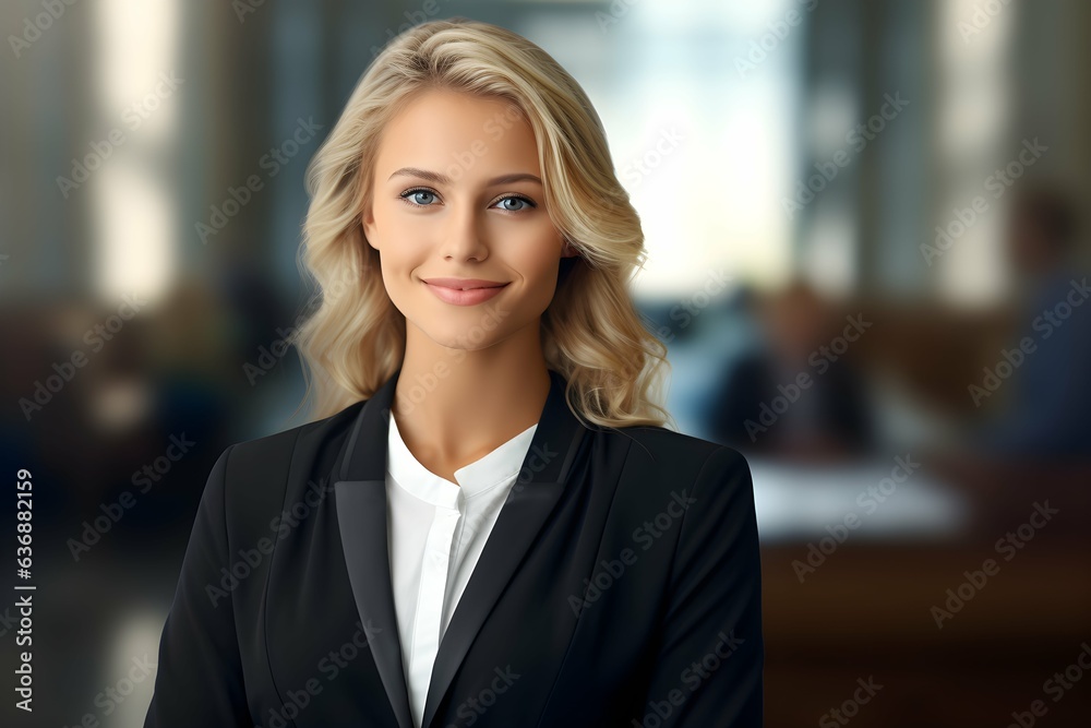 Smiling confident white blonde female lawyer with a business suit in courthouse background, professional attorney wallpaper, Horizontal format 3:2 Smiling confident white blonde female lawyer with a business suit in courthouse background, professional attorney wallpaper, Horizontal format 3:2