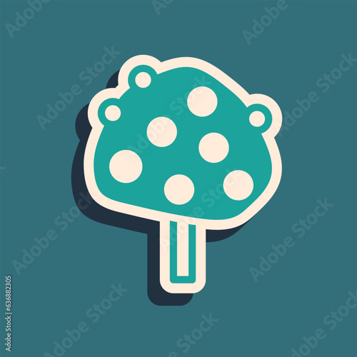 Green Orange tree with fruits icon isolated on green background. Long shadow style. Vector