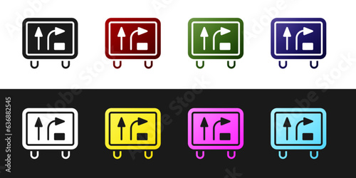 Set Road traffic sign. Signpost icon isolated on black and white background. Pointer symbol. Isolated street information sign. Direction sign. Vector