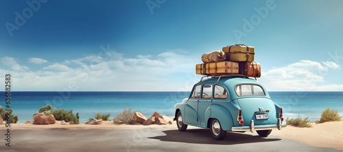 Old vintage car loaded with luggage on the roof arriving on beach with beautiful sea view. Summer travel concept background with copy space