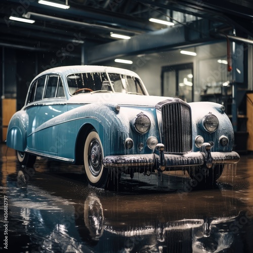 A beautiful old car in a self-service car wash. Vintage car. Generative AI.