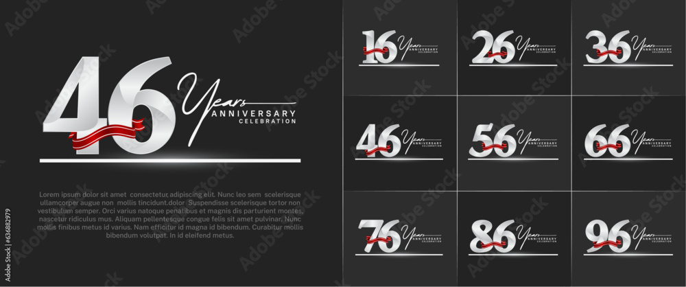 set of anniversary logo with white number and red ribbon, handwriting text can be use for celebration