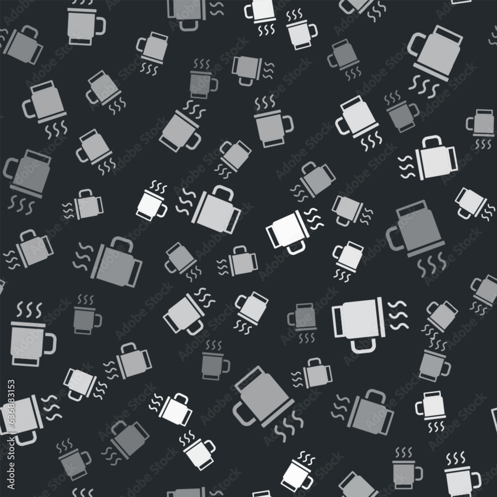 Grey Cup of tea icon isolated seamless pattern on black background. Vector