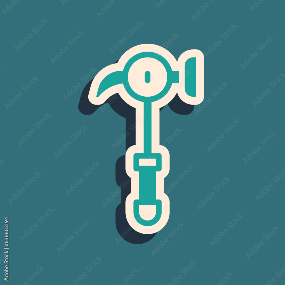 Green Hammer icon isolated on green background. Tool for repair. Long shadow style. Vector Green Hammer icon isolated on green background. Tool for repair. Long shadow style. Vector