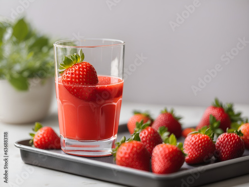 A glass of strawberry juice and strawberries on a plate
