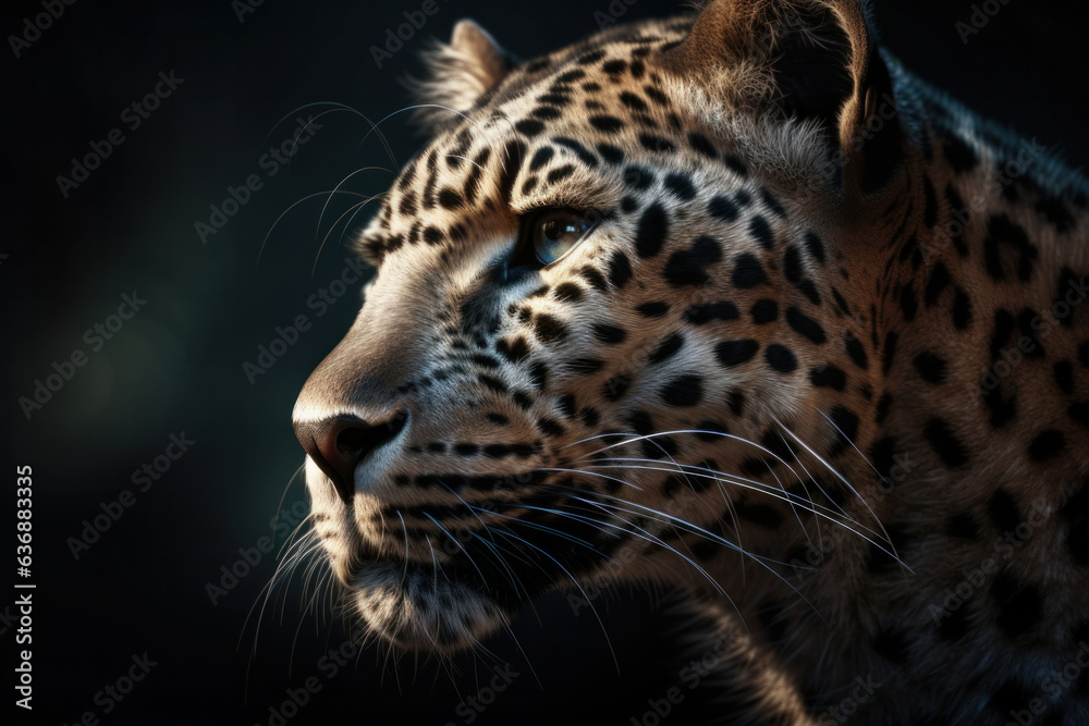 Beautiful leopard with fierce eyes and camouflage fur in the African wilderness. Endangered species conservation concept. Close-up shot by AI Generative. Beautiful leopard with fierce eyes and camouflage fur in the African wilderness. Endangered species conservation concept. Close-up shot by AI Generative.