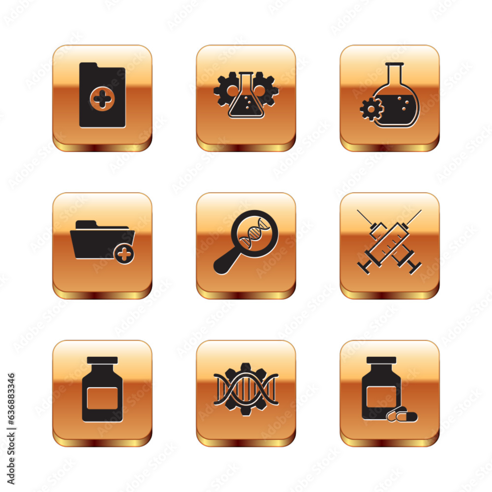 Set Clinical record, Medicine bottle, Genetic engineering, DNA research, search, Health folder and Bioengineering icon. Vector Set Clinical record, Medicine bottle, Genetic engineering, DNA research, search, Health folder and Bioengineering icon. Vector