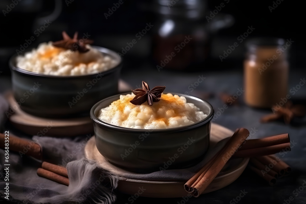 Rice Pudding, creamy rice dessert with cinnamon, winter atmosphare