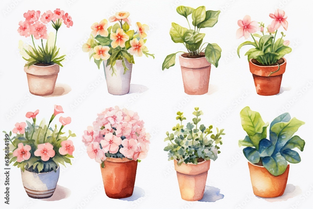 watercolor flower pots. Generative AI