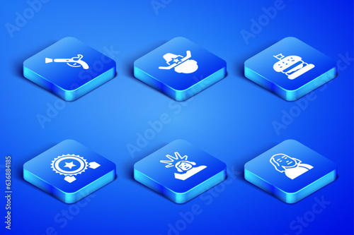Set Benjamin Franklin, Vintage pistols, Statue of Liberty, Medal with star, Sheriff cowboy and Burger icon. Vector
