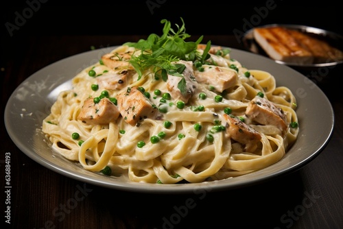 Creamy pasta dish with tender chicken and fettuccine noodles in rich Alfredo sauce. Generative AI