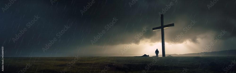 panoramic landscape a lonely man at a glowing cross concept biblical religion. - obrazy, fototapety, plakaty 