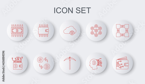 Set line Cryptocurrency wallet, cloud mining, Bitcoin think, bitcoin with circuit, exchange and Pickaxe icon. Vector