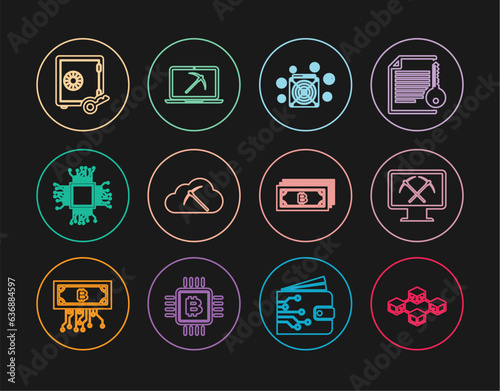 Set line Blockchain technology, Mining with monitor and pickaxe, ASIC Miner, Cryptocurrency cloud mining, Processor, Proof of stake, bitcoin and laptop icon. Vector
