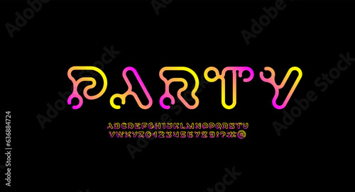 Bright rounded font, creative alphabet, uppercase Latin letters A-Z and Arab numerals 0-9 made outline lines, vector illustration 10EPS