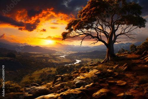 A serene sunset landscape painting featuring a solitary tree on a hill. A painting of a tree on a hill at sunset