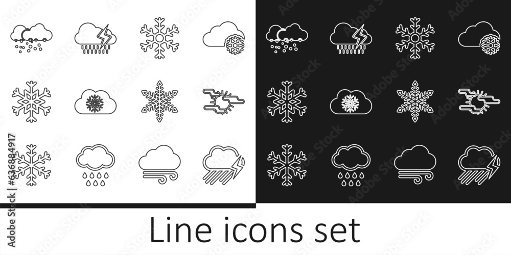 Set line Cloud with rain and lightning, Fog sun, Snowflake, snow, and icon. Vector
