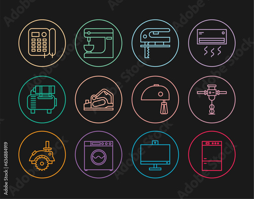 Set line Refrigerator, Construction jackhammer, Electric jigsaw, planer tool, Air compressor, Telephone, mixer and icon. Vector