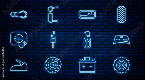 Set line Car wheel, windscreen, door handle, muffler, Oil filler cap at gas station, Gear shifter and Truck side mirror icon. Vector