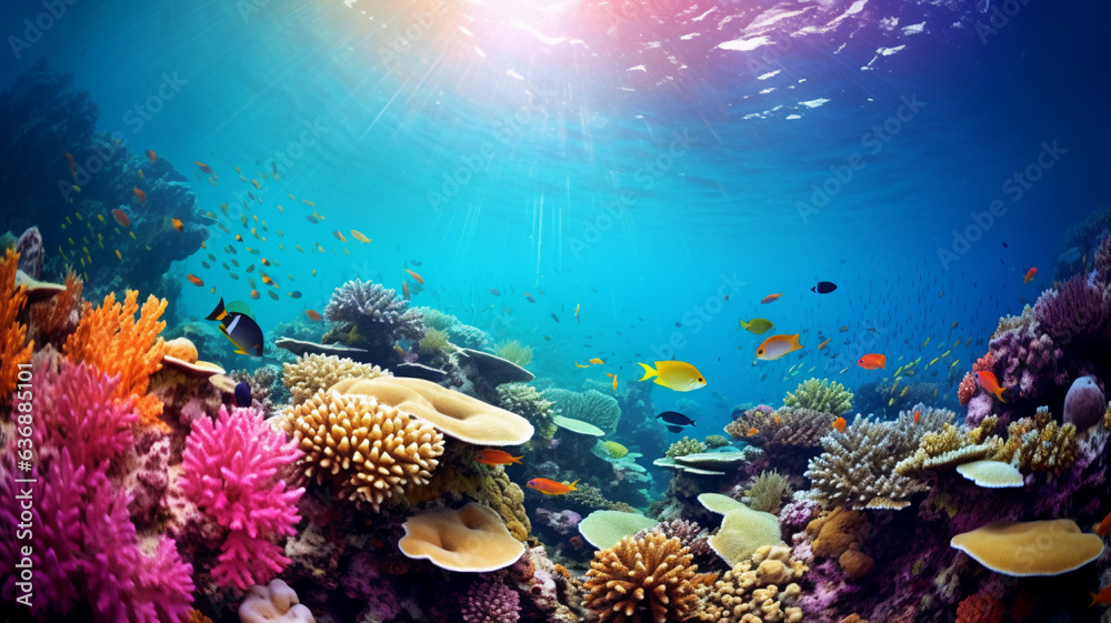 Underwater coral reef landscape Ocean Beautiful Fish Design Modern Unique Colorful. AI Generative.