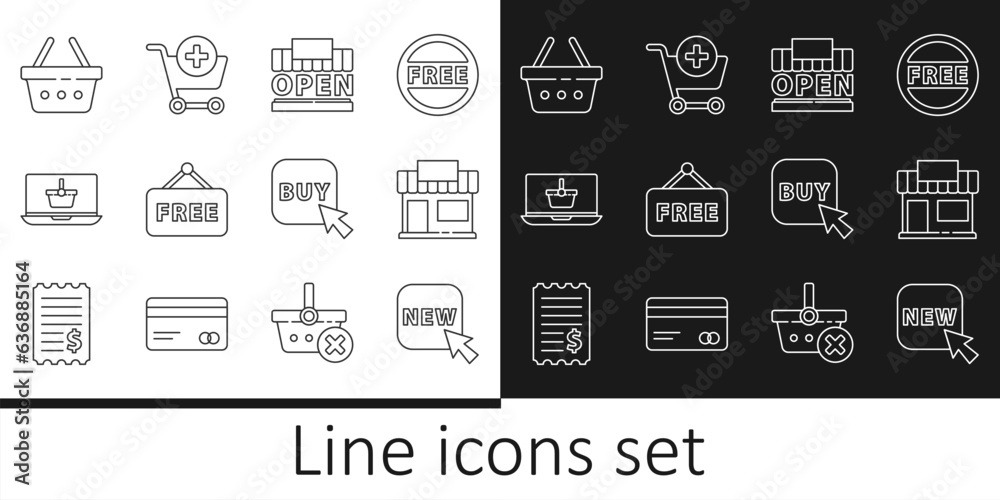 Set line Button with text New, Shopping building or market store, and open, Price tag Free, basket laptop, Buy button and Add cart icon. Vector Set line Button with text New, Shopping building or market store, and open, Price tag Free, basket laptop, Buy button and Add cart icon. Vector