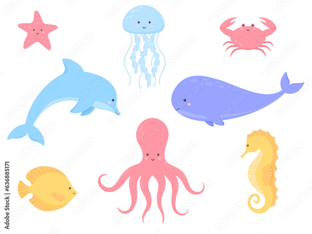 Obraz premium Set of cartoon sea animals. Whale, dolphin, jellyfish, crab, fish, octopus, seahorse, starfish. Vector illustration. 