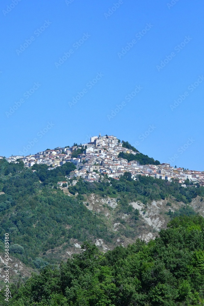 Panoramic view of a typical Abruzzo landscape, a mountainous region full of vegetation and small villages, Italy.