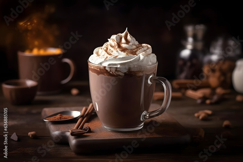 Hot Chocolate, rich warm chocolate beverage with whipped cream, winter atmosphare photo