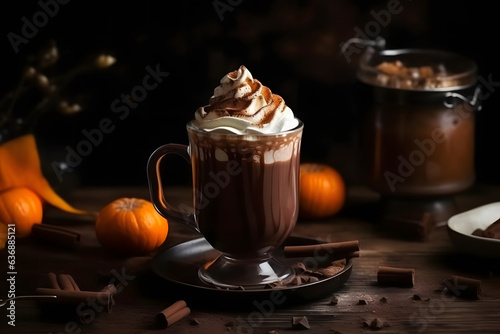 Hot Chocolate, rich warm chocolate beverage with whipped cream, winter atmosphare photo