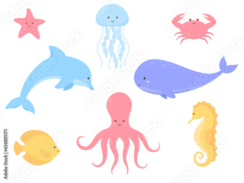 Set of cartoon sea animals. Whale, dolphin, jellyfish, crab, fish, octopus, seahorse, starfish. Vector illustration.	