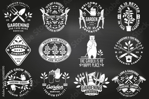Set of gardening and yard work services emblem, label, badge, logo on chalkboard. Vector. For sign, patch, shirt design with hand secateurs, garden pruner, watering can, bear with rake and gardening