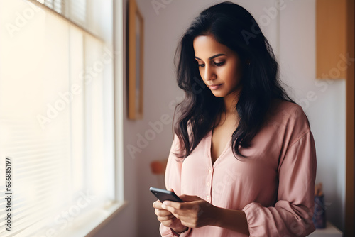 Young indian woman using smartphone at home. Handsome woman looking at mobile phone in his room. Communication, social media, connection, mobile apps, technology, day, modern lifestyle concept