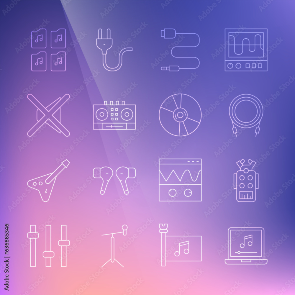 Set line Laptop with music note, Microphone, Audio jack, DJ remote and mixing, Speaker mute, Music file document and CD or DVD disk icon. Vector