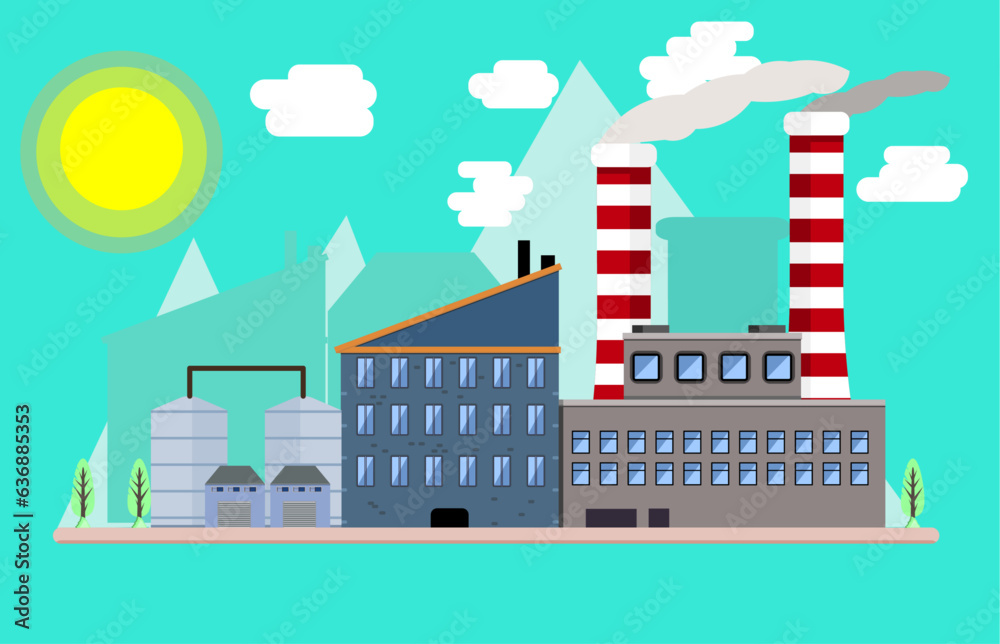Obraz premium Vector factory flat illustration with industrial buildings in brown and blue colors at city skyscrapers green silhouettes 