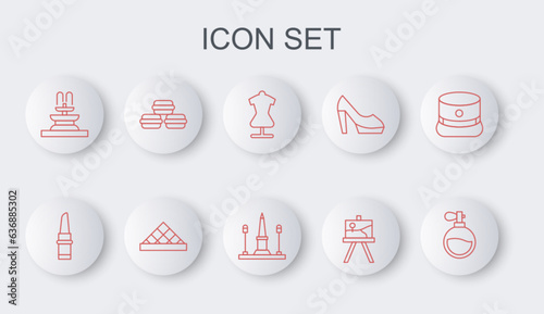 Set line Perfume, Lipstick, Mannequin, Easel or painting art boards, Fountain, Macaron cookie, Louvre museum and Place De La Concorde icon. Vector
