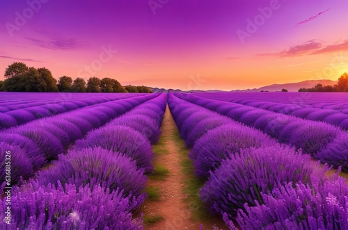 Stunning Sunset Landscape with Lavender Field. Generative AI.