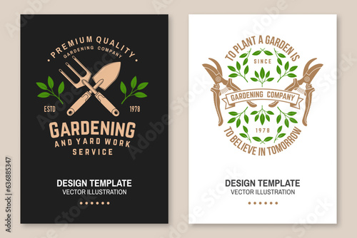 Set of gardening and yard work services poster  banner. Vector illustration. Poster design with hand secateurs  garden pruner and gardening equipment silhouette.