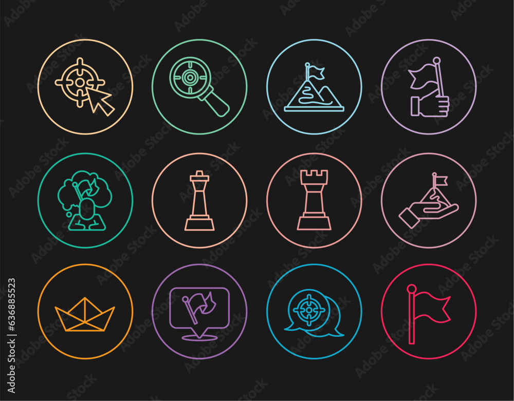 Set line Flag, Mountains with flag, Chess, Man holding, Target, and magnifying glass icon. Vector Set line Flag, Mountains with flag, Chess, Man holding, Target, and magnifying glass icon. Vector