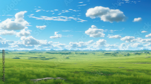 Lush Green Field Under a Blue Cloudy Sky. Generative Ai