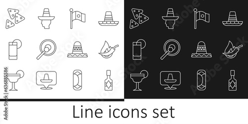 Set line Tabasco sauce, Hot chili pepper pod, Mexico flag, Gong, Tequila glass with lemon, Nachos, Mexican sombrero and man icon. Vector