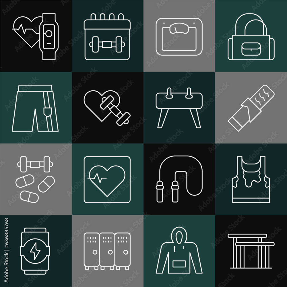 Set line Uneven bars, Sweaty sleeveless t-shirt, Protein sport, Bathroom scales, Dumbbell with heart, Short pants, Smart watch and Pommel horse icon. Vector Set line Uneven bars, Sweaty sleeveless t-shirt, Protein sport, Bathroom scales, Dumbbell with heart, Short pants, Smart watch and Pommel horse icon. Vector