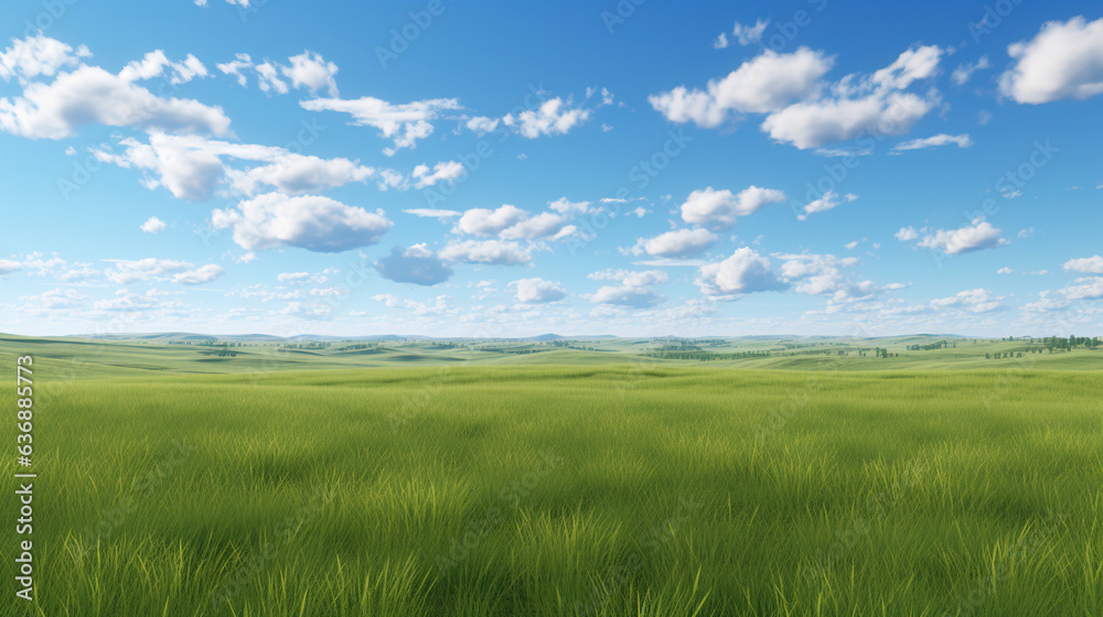 Lush Green Field Under a Blue Cloudy Sky. Generative Ai